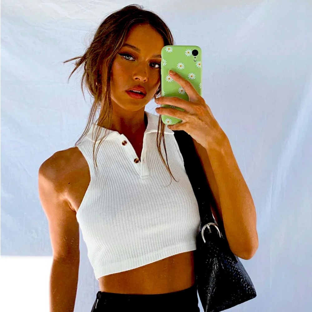 Princess Polly White Ribbed Cropped Polo Tank